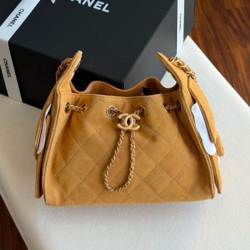 Chanel 25 Small Hobo Bag Beige Suede Leather Gold Hardware